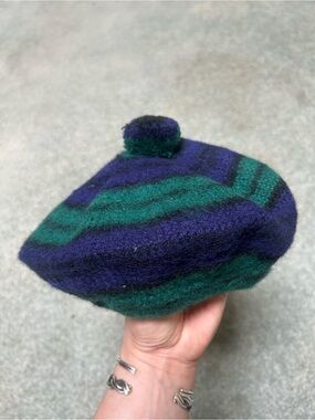Vintage Striped Wool Beret in Tartan Navy and Green